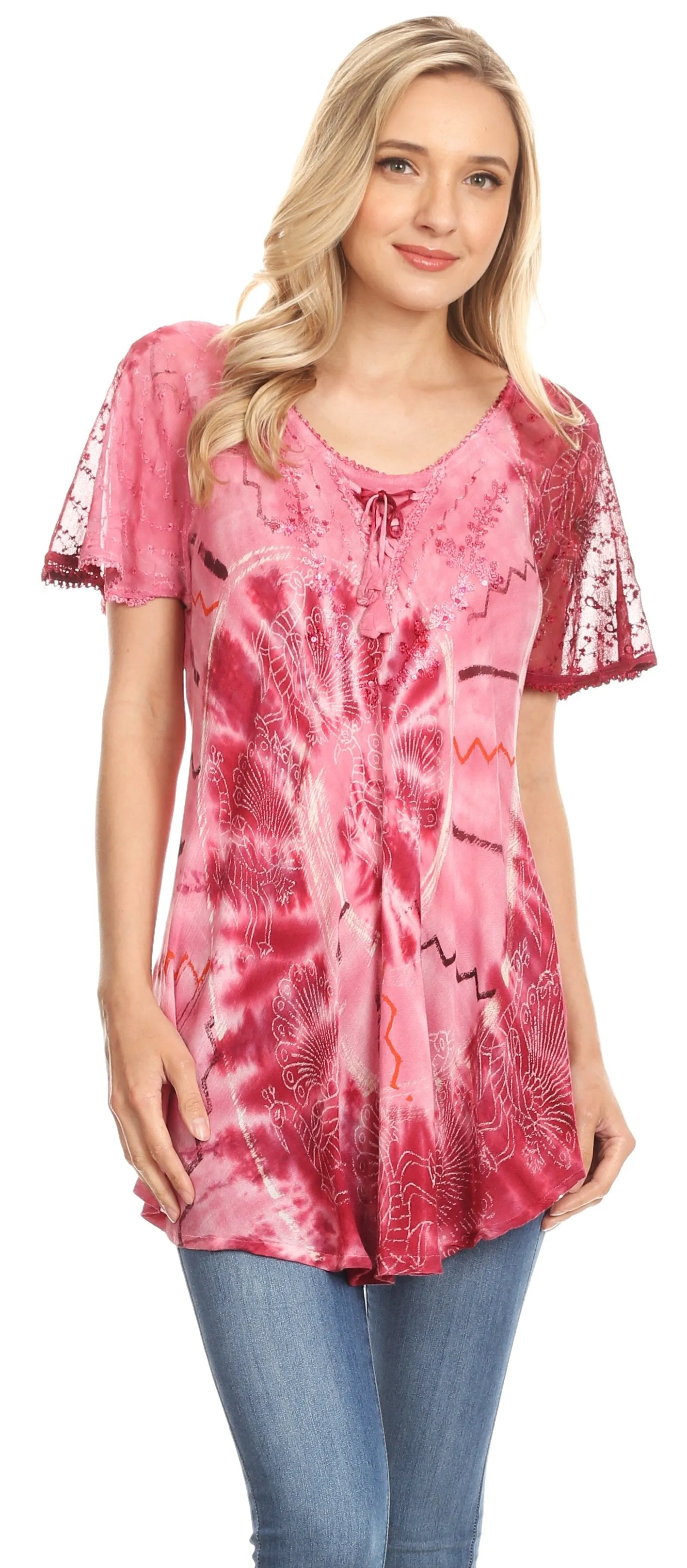 Sakkas Hira Women Short Sleeve Eyelet Lace Blouse Top in Tie-dye with Corset Flowy