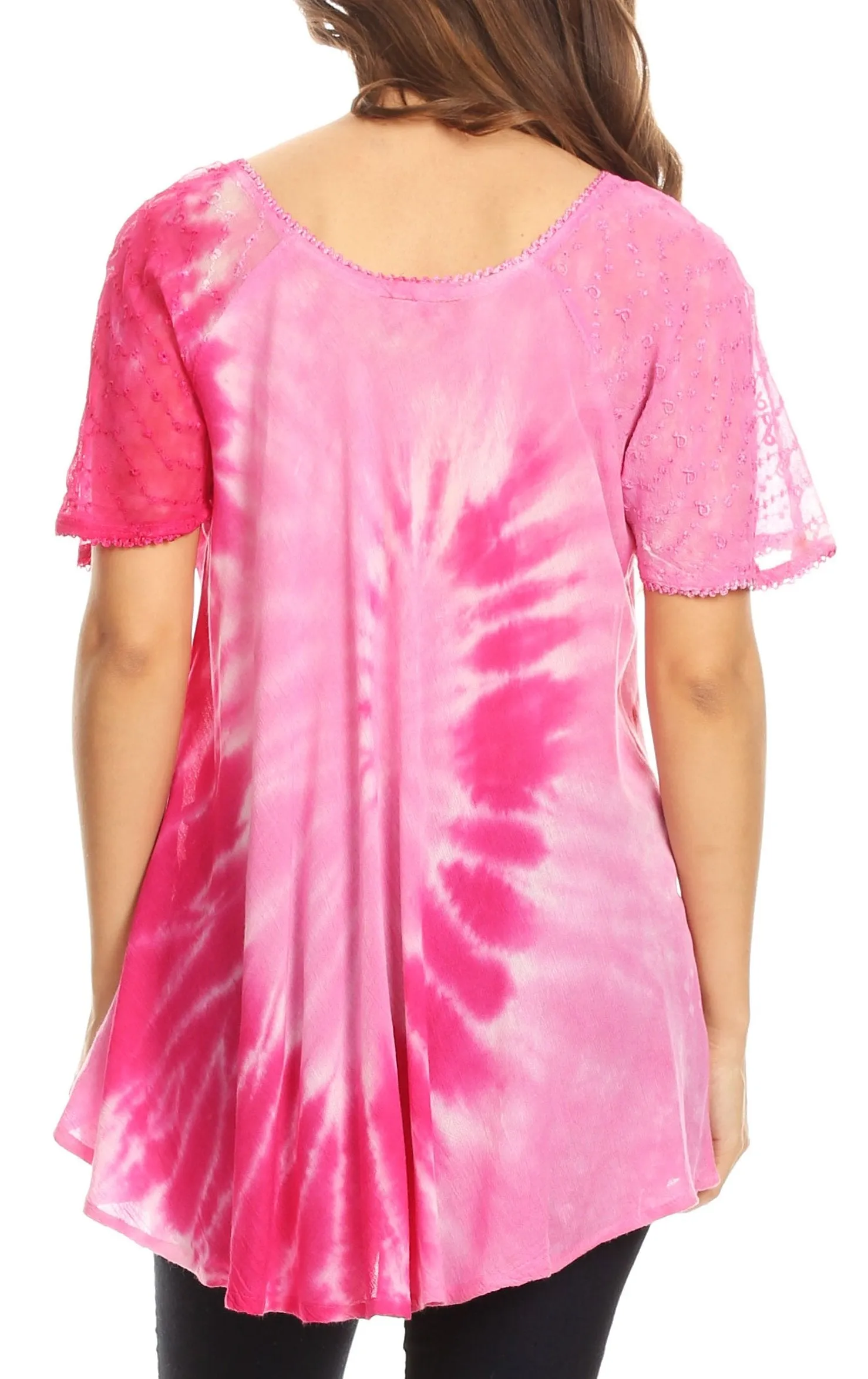 Sakkas Hira Women Short Sleeve Eyelet Lace Blouse Top in Tie-dye with Corset Flowy