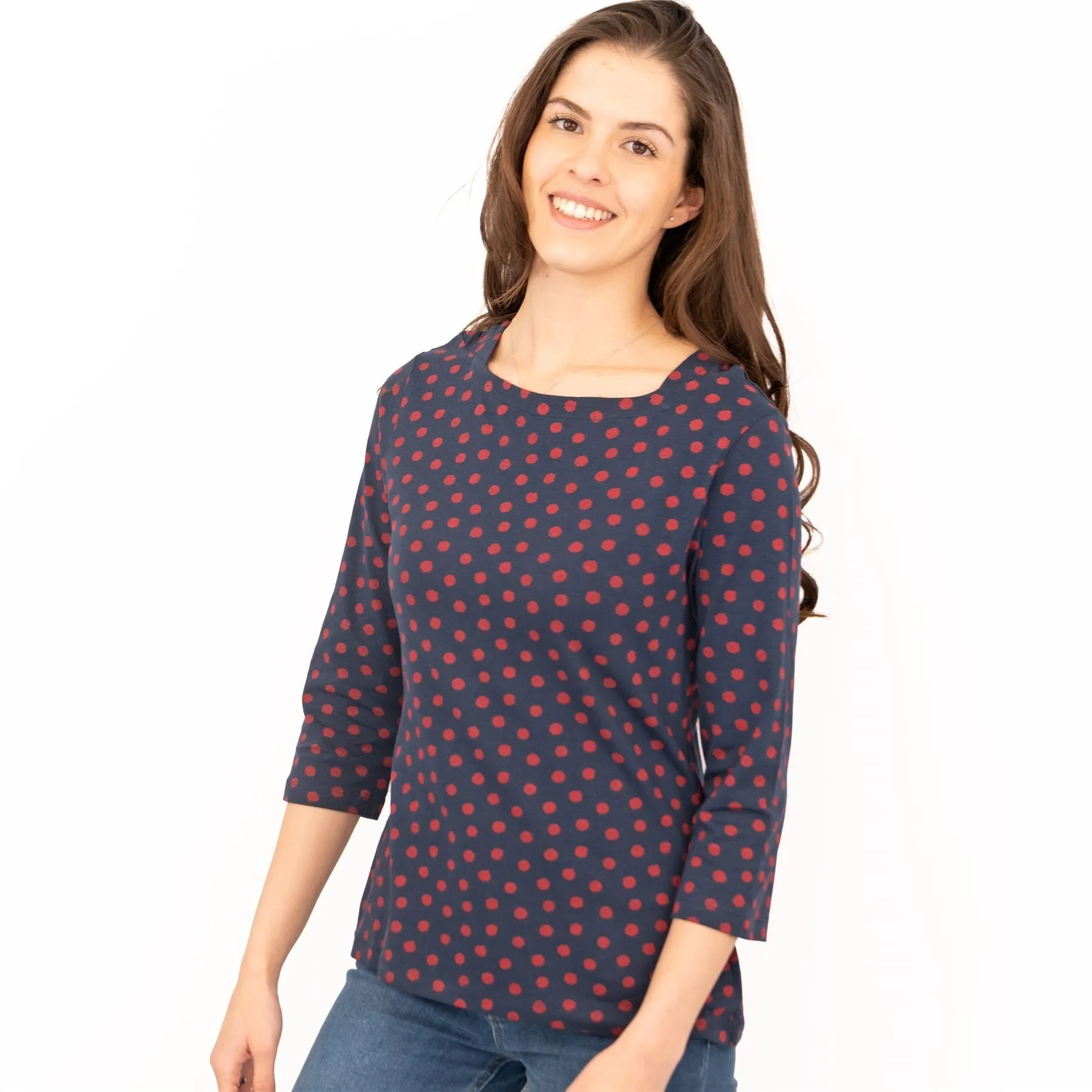 Seasalt Navy Blue Polka Dot Spotty 3/4 Sleeve Jersey Tops