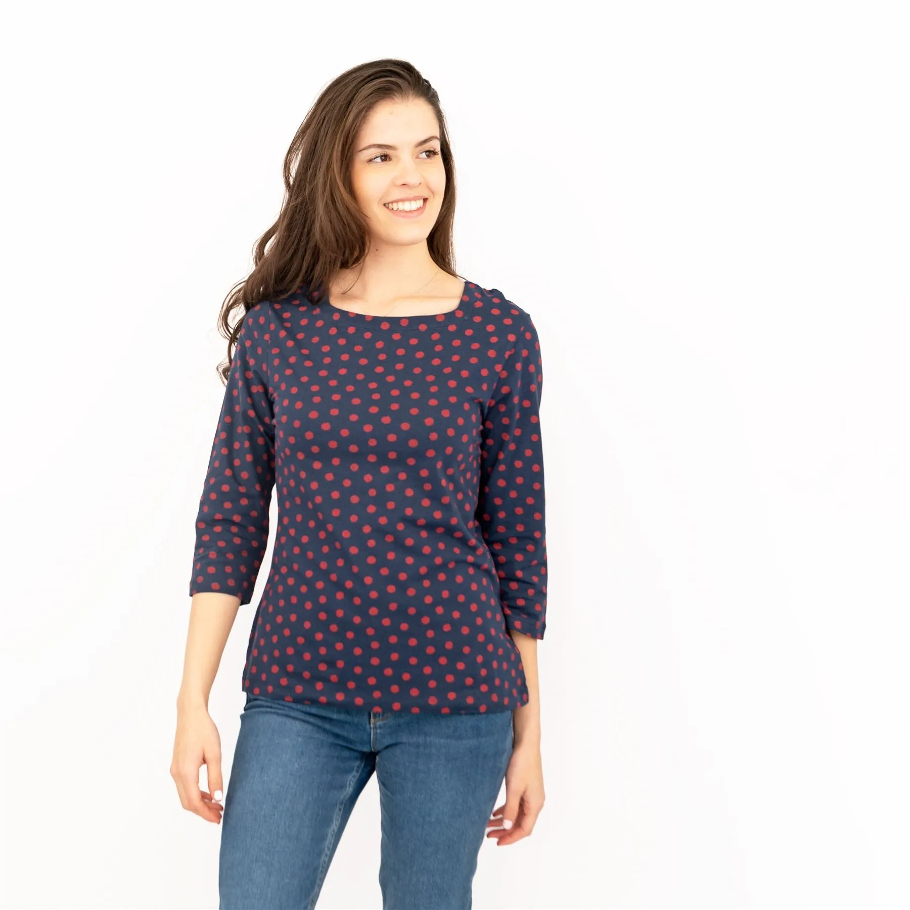 Seasalt Navy Blue Polka Dot Spotty 3/4 Sleeve Jersey Tops