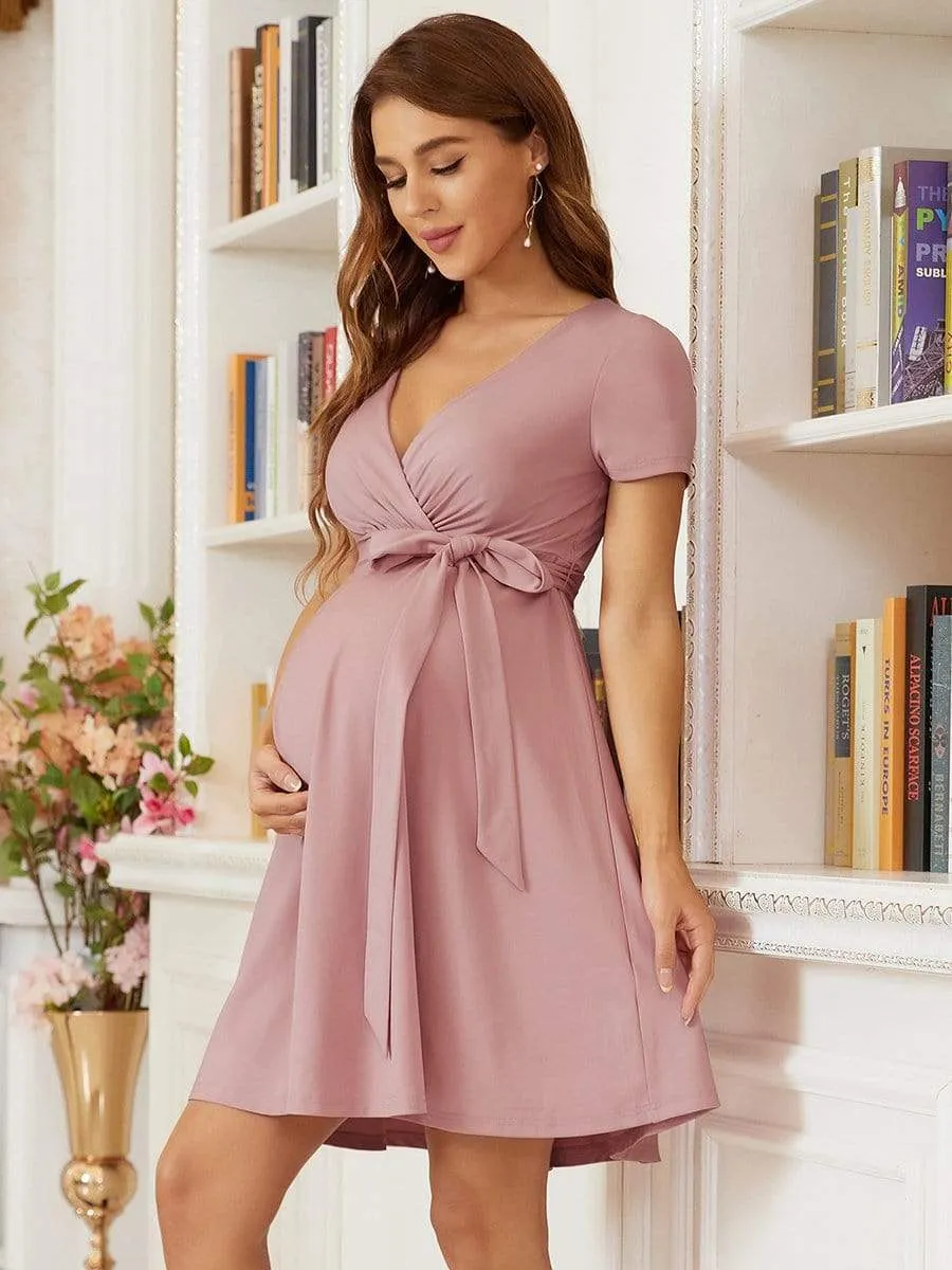 Short Sleeve Tie Waist Short A-Line Maternity Dress