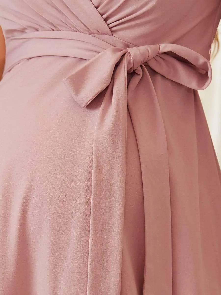 Short Sleeve Tie Waist Short A-Line Maternity Dress