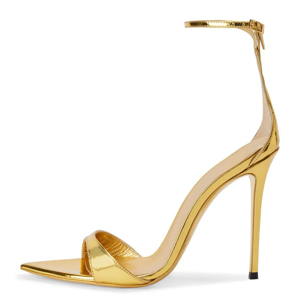 Sleek Open Pointed Toe Patent Leather Stiletto High Heel Ankle Sandals