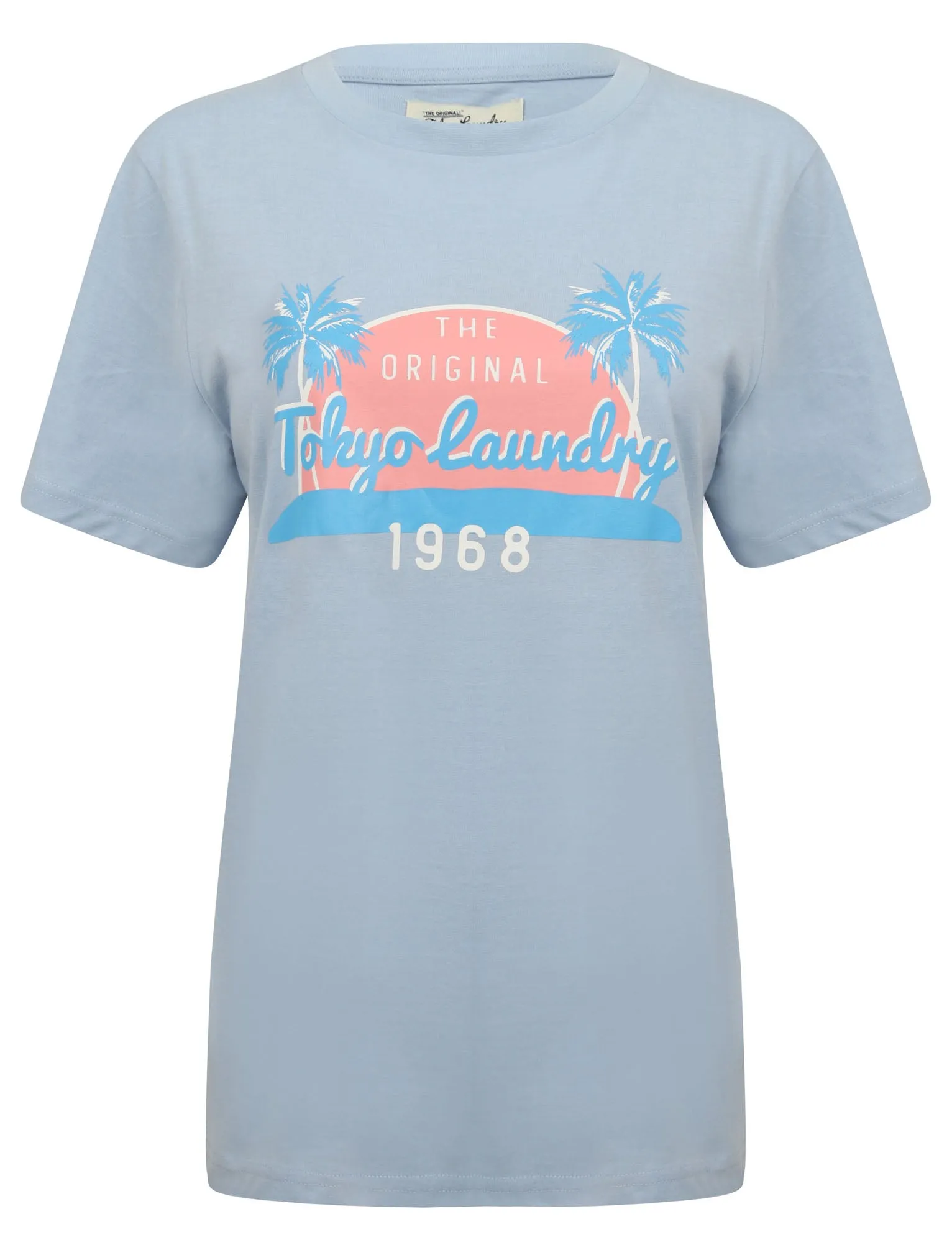 Soller Palm Motif Cotton Jersey T-Shirt in Pale Blue Marl - Tokyo Laundry