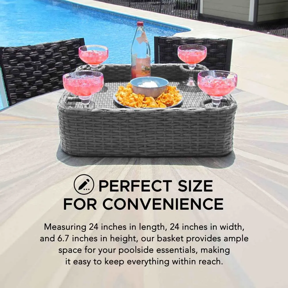 SUNJOY 24x24 Inch Wicker Floating Pool Tray Aluminum Frame Pool Accessory Tray for Drinks, Snacks, and Essentials