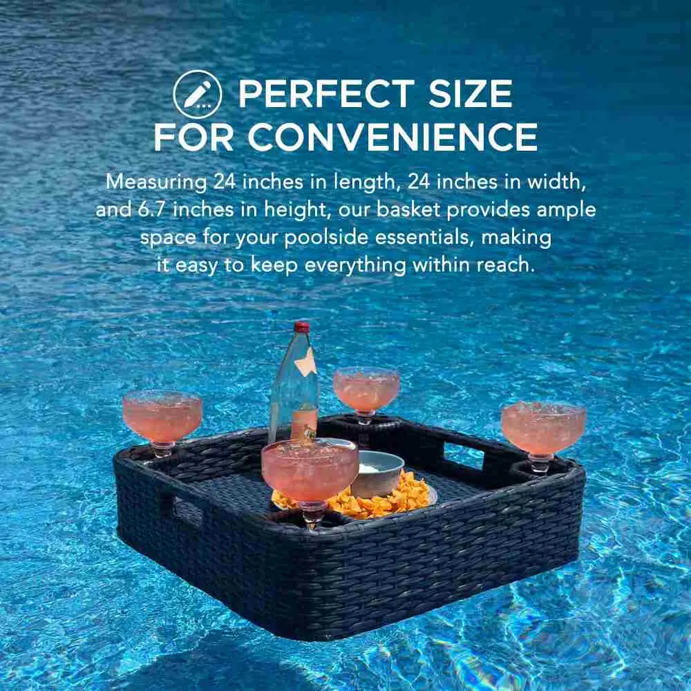 SUNJOY 24x24 Inch Wicker Floating Pool Tray Aluminum Frame Pool Accessory Tray for Drinks, Snacks, and Essentials