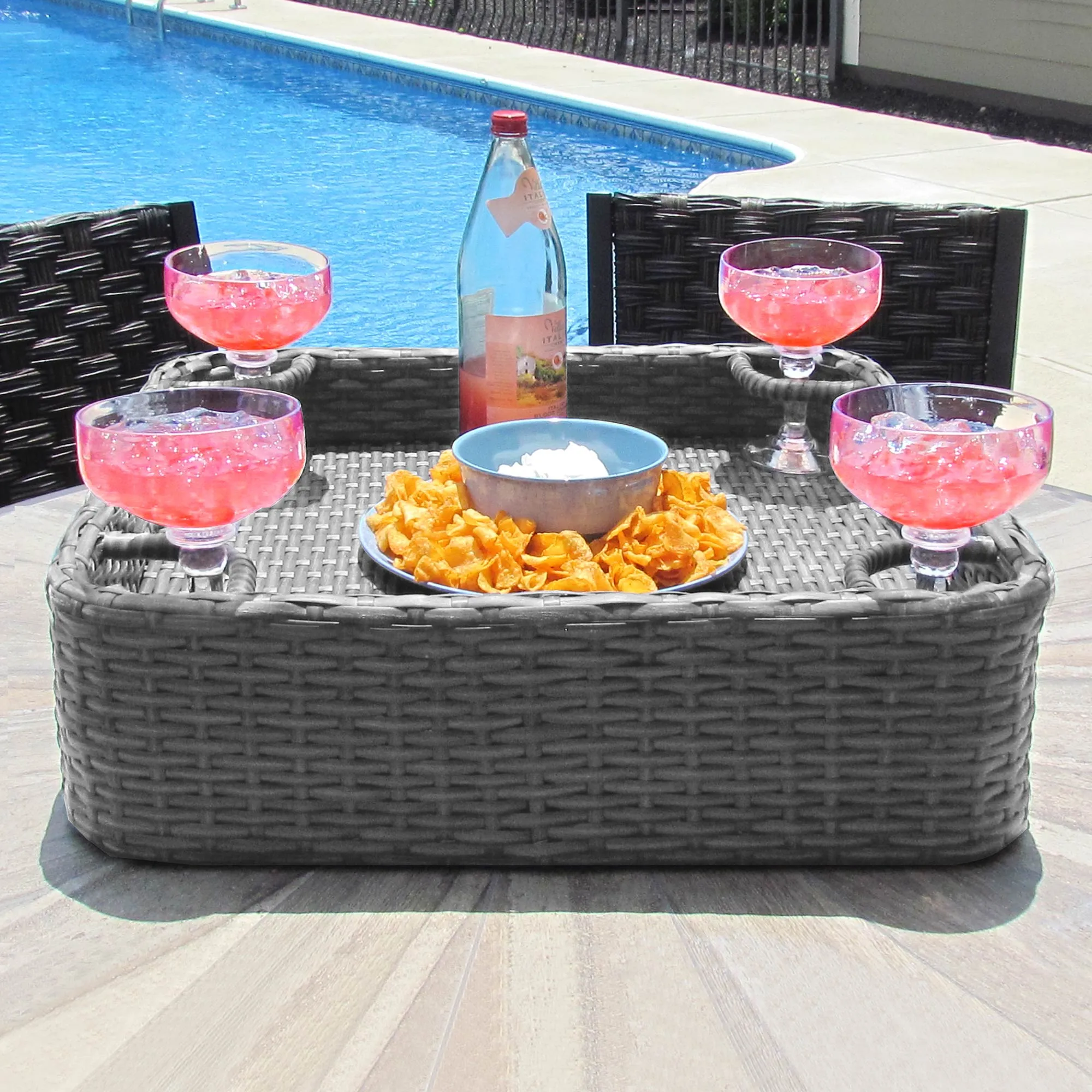 SUNJOY 24x24 Inch Wicker Floating Pool Tray Aluminum Frame Pool Accessory Tray for Drinks, Snacks, and Essentials