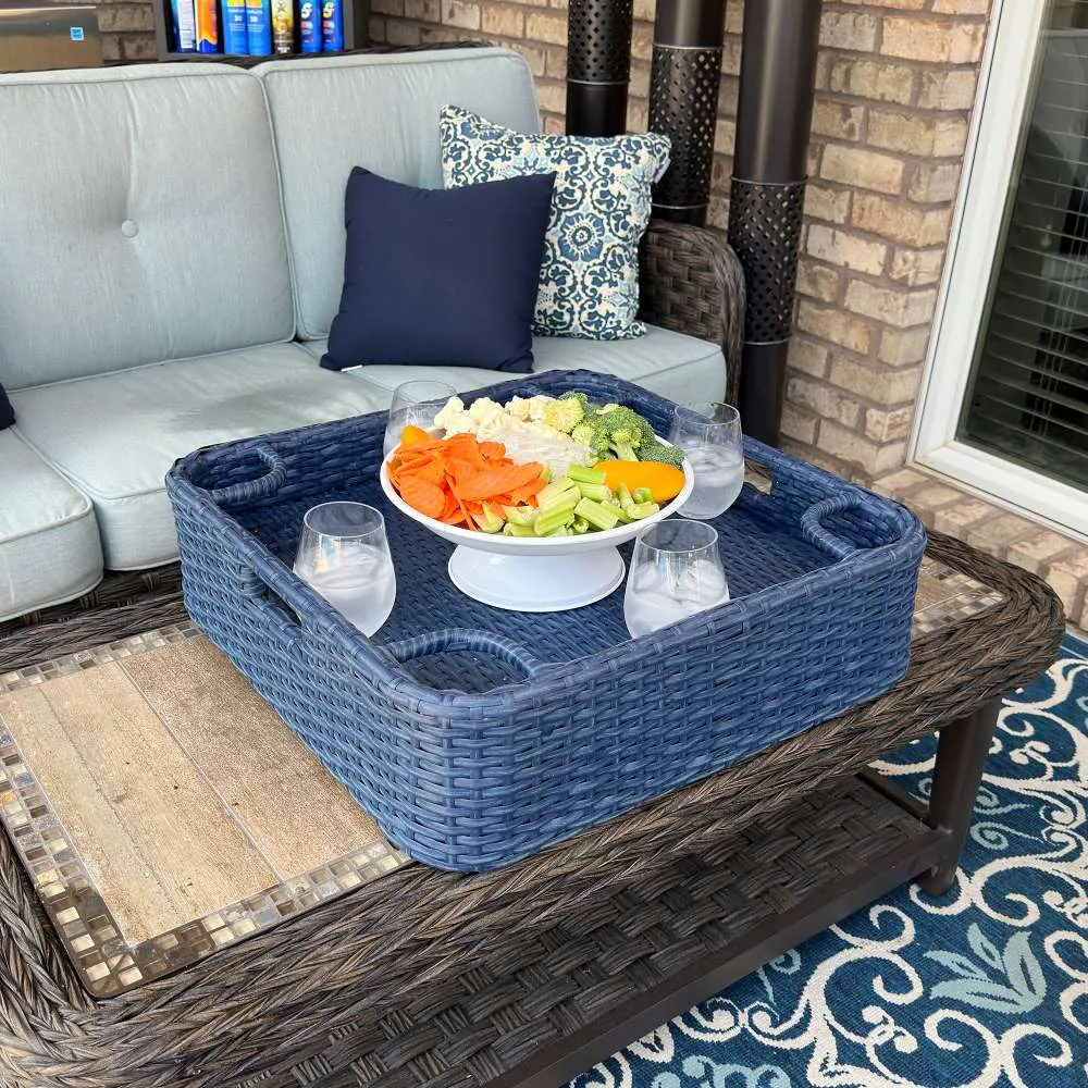 SUNJOY 24x24 Inch Wicker Floating Pool Tray Aluminum Frame Pool Accessory Tray for Drinks, Snacks, and Essentials