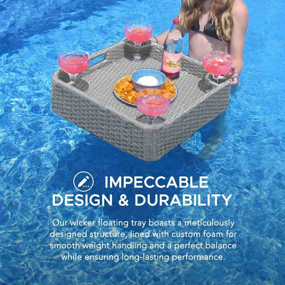 SUNJOY 24x24 Inch Wicker Floating Pool Tray Aluminum Frame Pool Accessory Tray for Drinks, Snacks, and Essentials