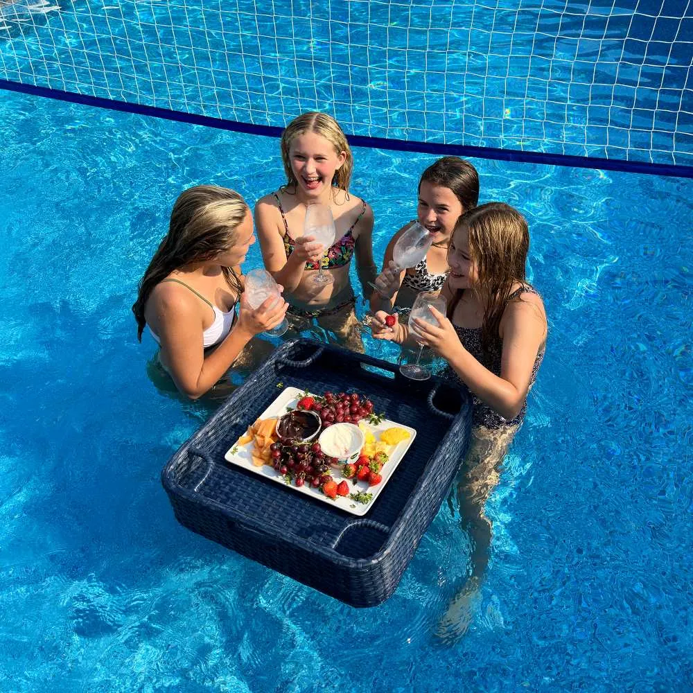 SUNJOY 24x24 Inch Wicker Floating Pool Tray Aluminum Frame Pool Accessory Tray for Drinks, Snacks, and Essentials