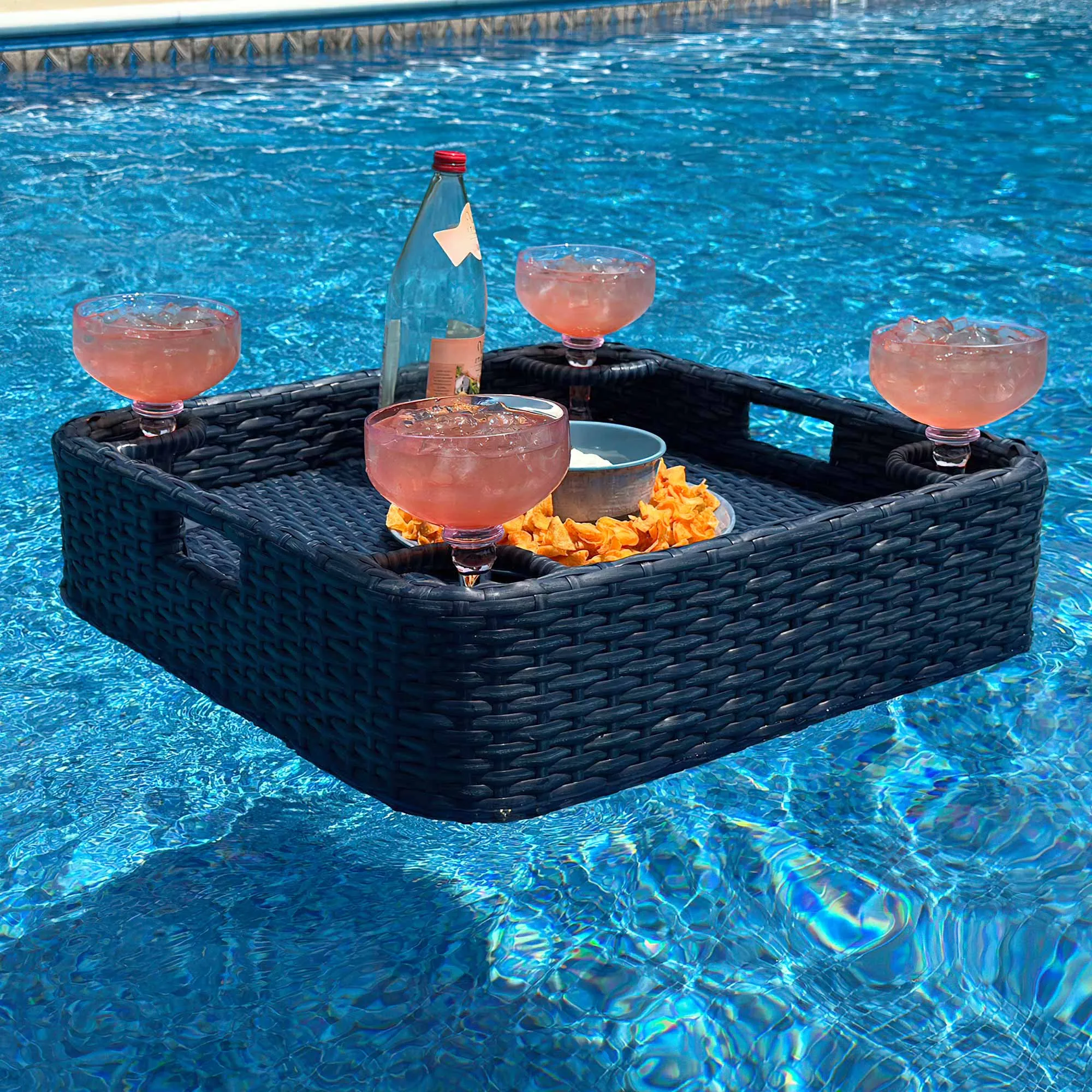 SUNJOY 24x24 Inch Wicker Floating Pool Tray Aluminum Frame Pool Accessory Tray for Drinks, Snacks, and Essentials