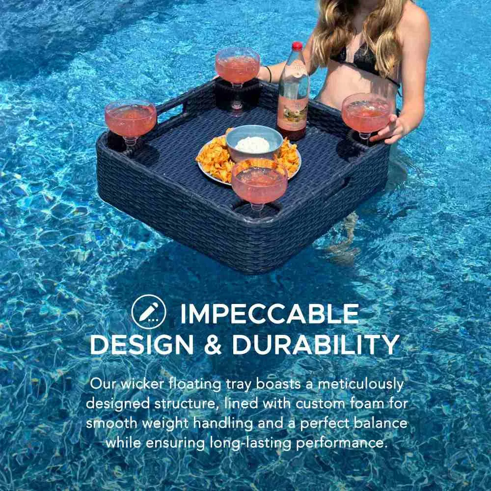 SUNJOY 24x24 Inch Wicker Floating Pool Tray Aluminum Frame Pool Accessory Tray for Drinks, Snacks, and Essentials