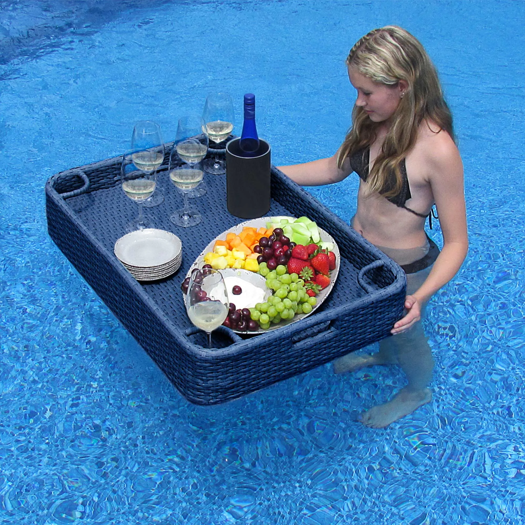 SUNJOY 36x24 Inch Wicker Floating Pool Tray Aluminum Frame Pool Accessory Tray for Drinks, Snacks, and Essentials