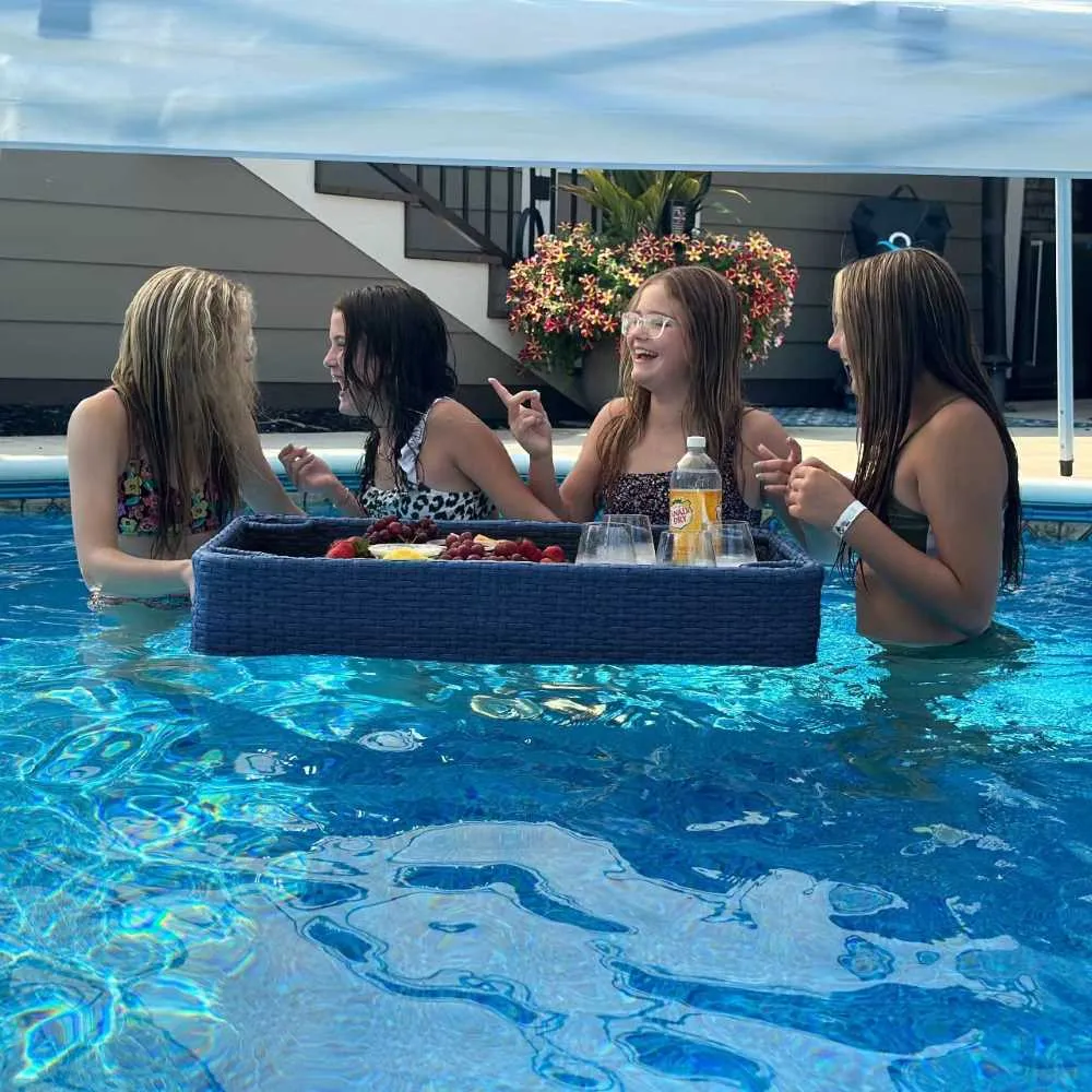 SUNJOY 36x24 Inch Wicker Floating Pool Tray Aluminum Frame Pool Accessory Tray for Drinks, Snacks, and Essentials