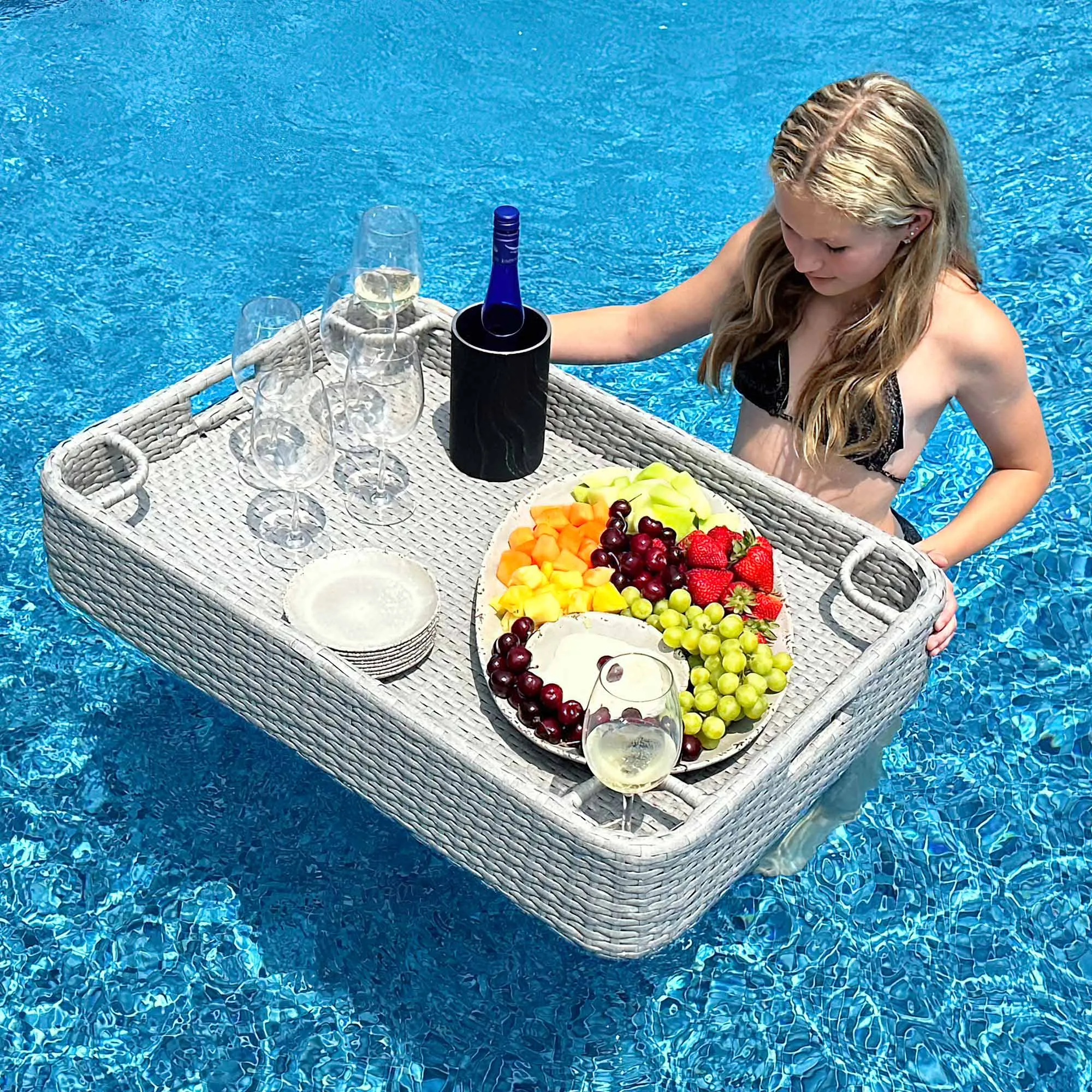 SUNJOY 36x24 Inch Wicker Floating Pool Tray Aluminum Frame Pool Accessory Tray for Drinks, Snacks, and Essentials