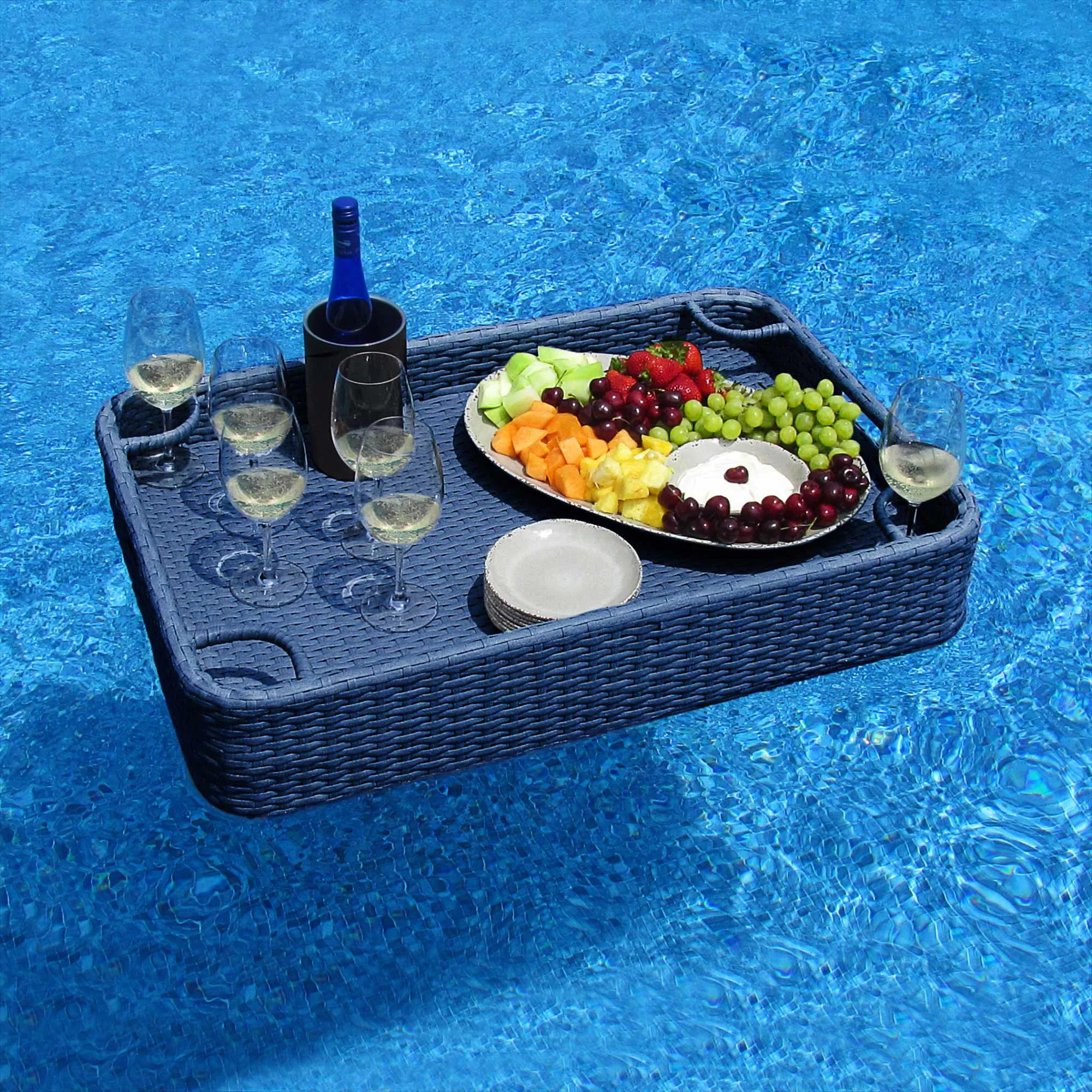 SUNJOY 36x24 Inch Wicker Floating Pool Tray Aluminum Frame Pool Accessory Tray for Drinks, Snacks, and Essentials