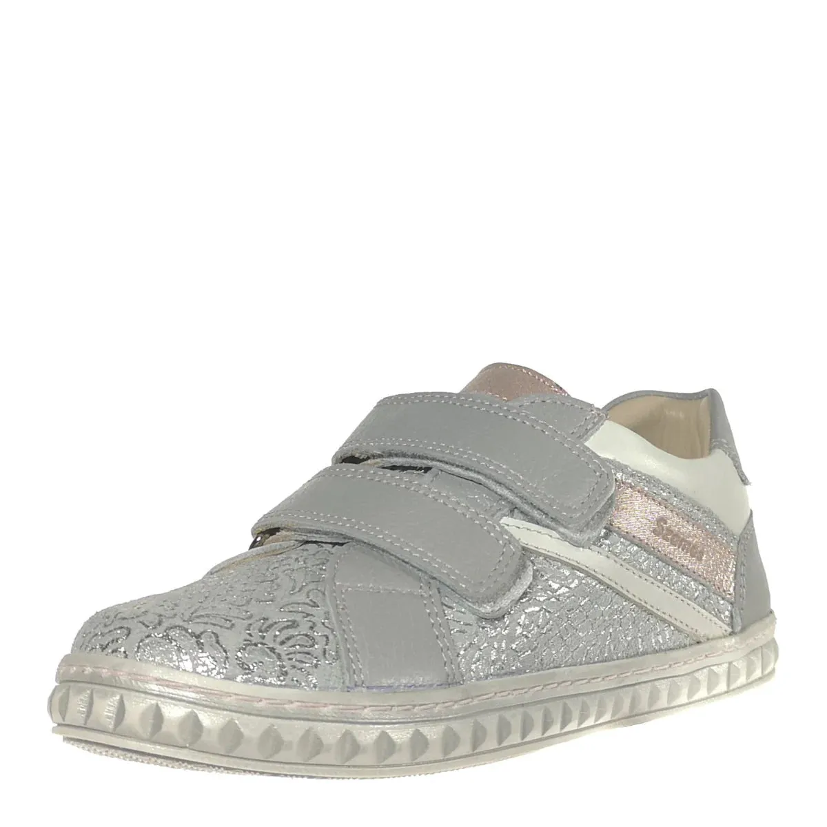 Szamos Kid Girl Sneakers In Sparkling Silver Color And Double Velcro Strap . - Made In Europe