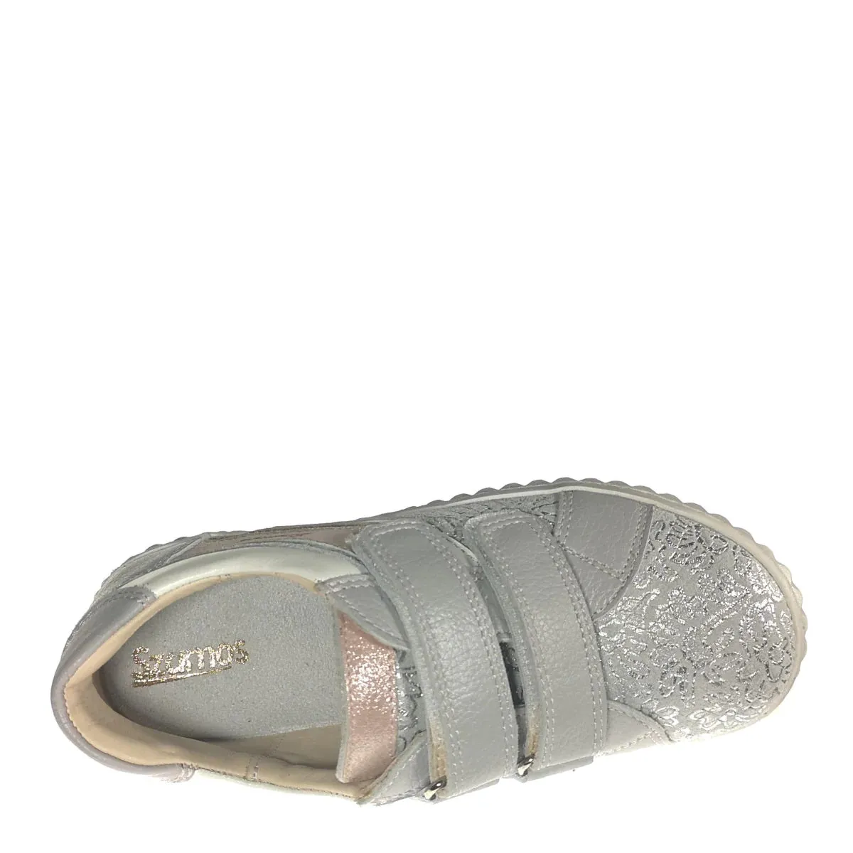 Szamos Kid Girl Sneakers In Sparkling Silver Color And Double Velcro Strap . - Made In Europe