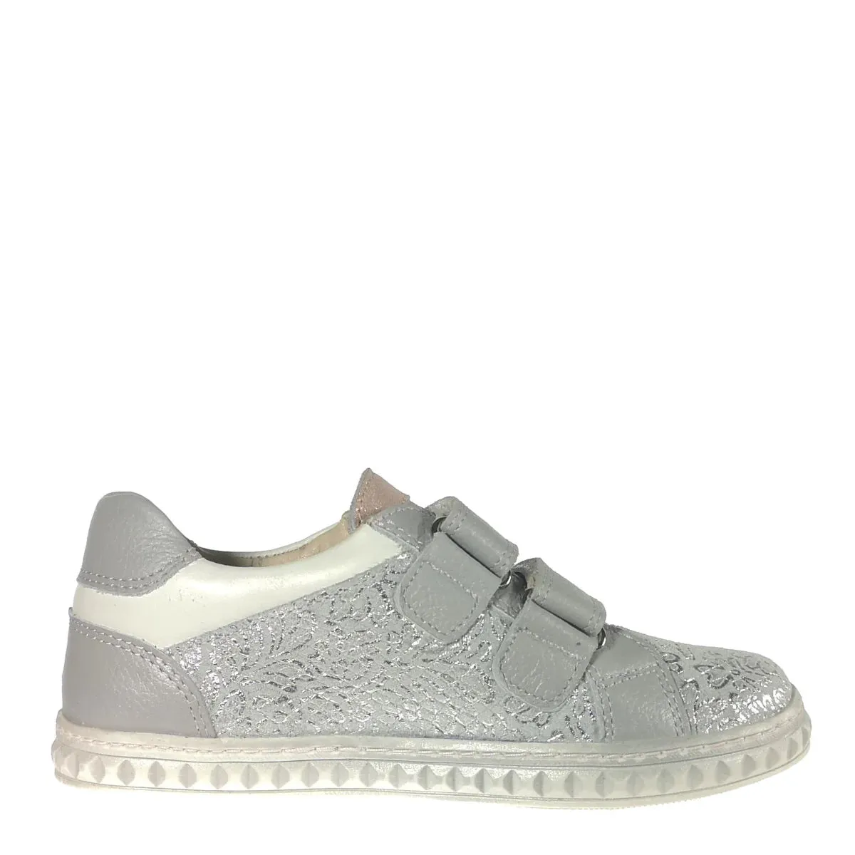 Szamos Kid Girl Sneakers In Sparkling Silver Color And Double Velcro Strap . - Made In Europe