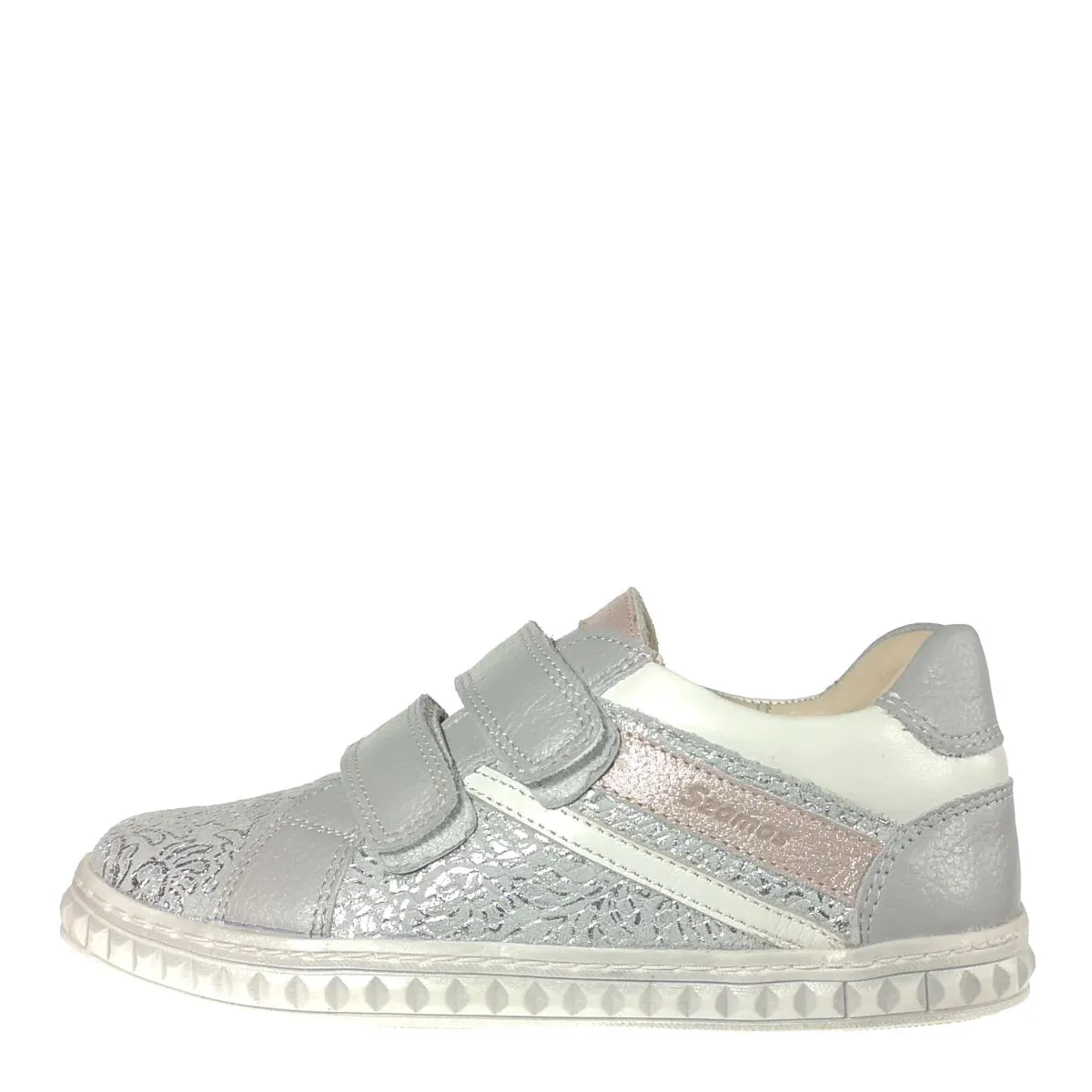 Szamos Kid Girl Sneakers In Sparkling Silver Color And Double Velcro Strap . - Made In Europe