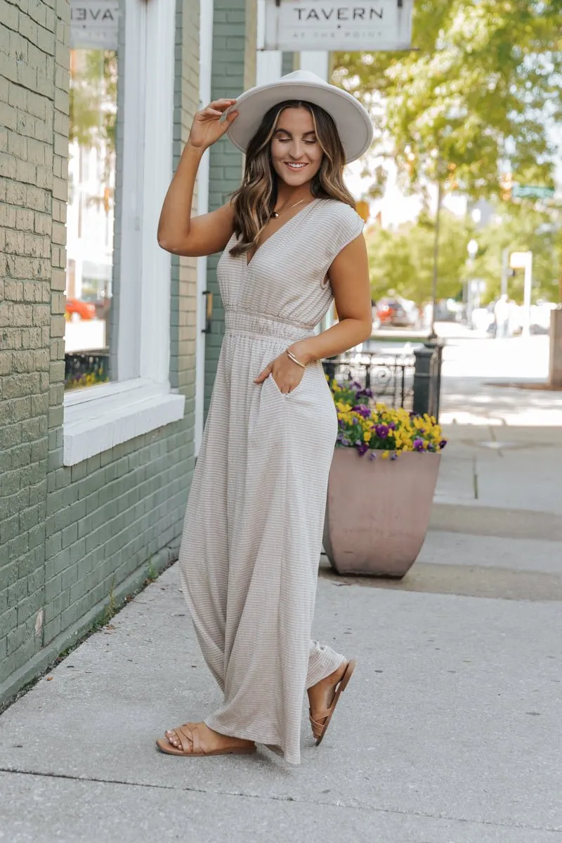 Taupe Striped Wide Leg Jumpsuit - FINAL SALE