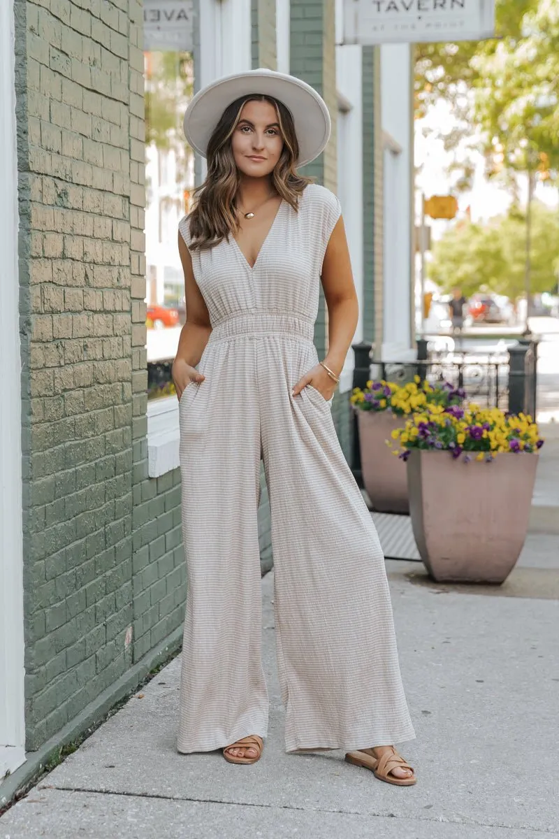 Taupe Striped Wide Leg Jumpsuit - FINAL SALE