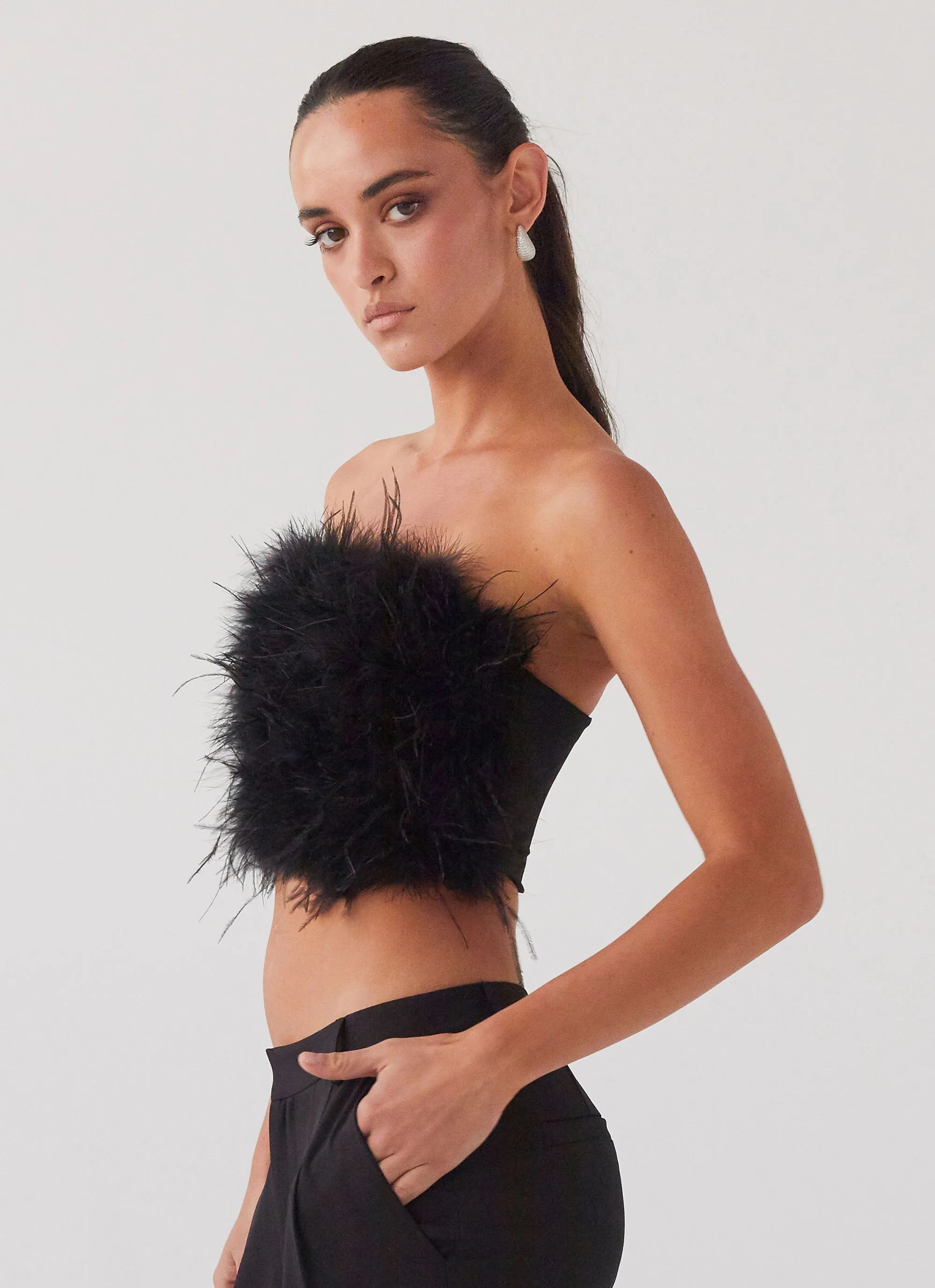 The Night Is Ours Feather Crop Top - Black