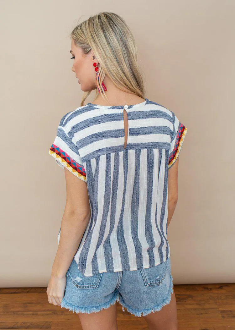 THML Ivory and Navy Embroidered Striped Punta Mita Top