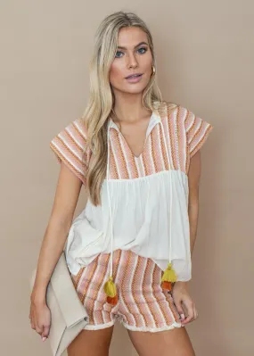 THML Ivory and Pink Embroidered Striped Tassel Top-***FINAL SALE***