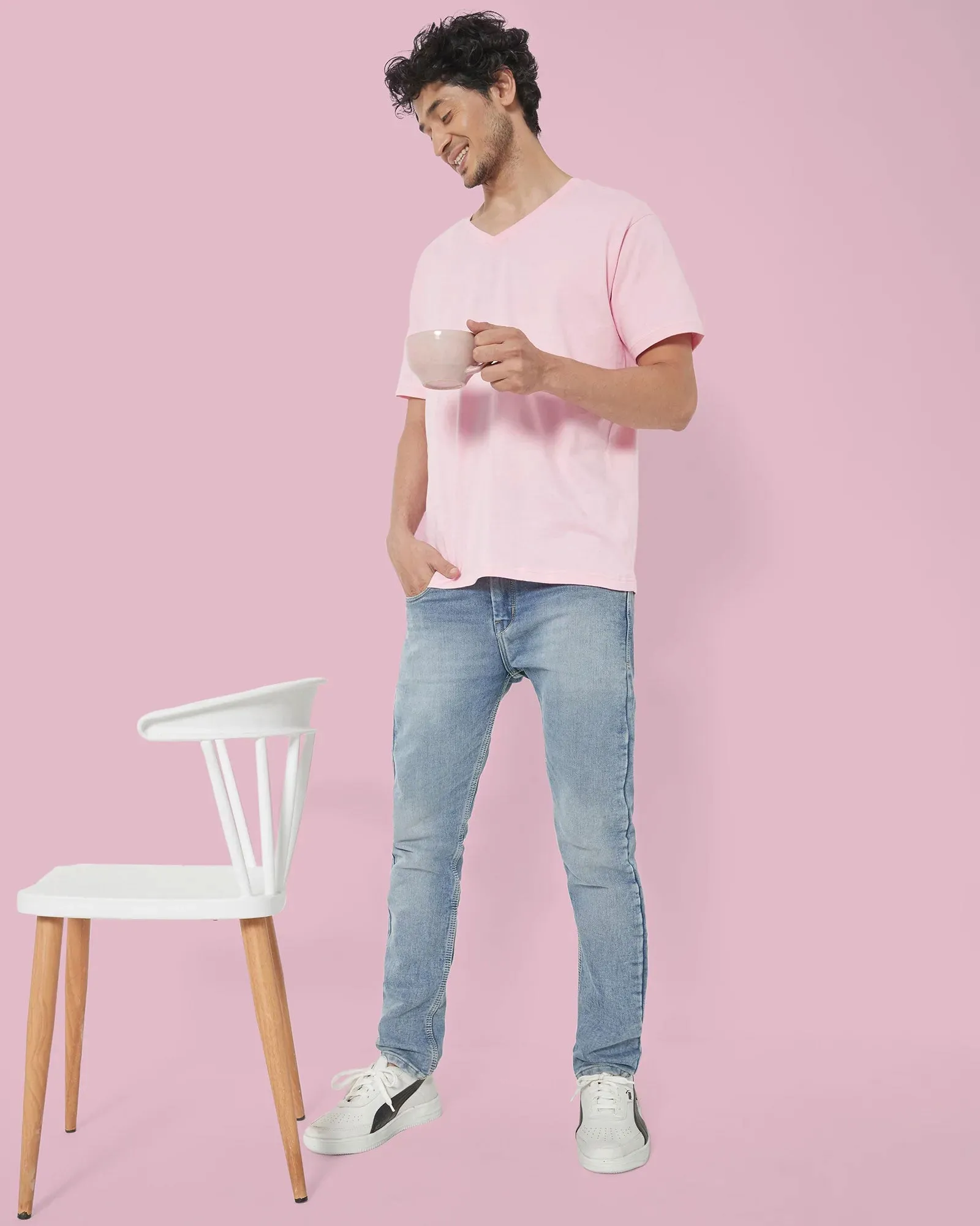 V Neck Half Sleeves: Baby Pink