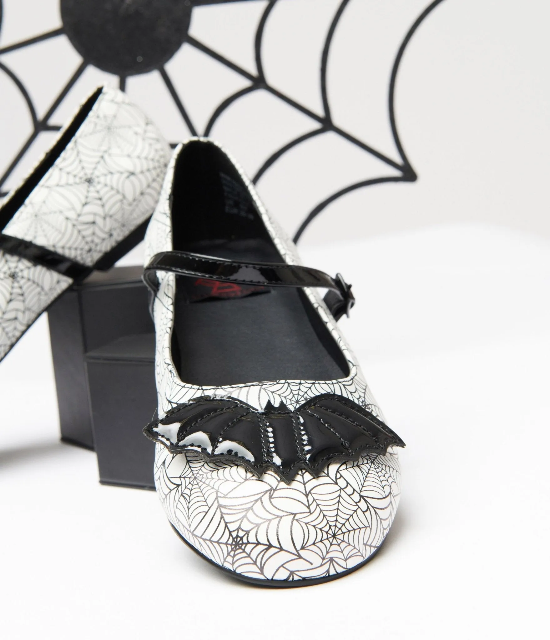 White & Black Bat Spiderweb Mary Jane Flats