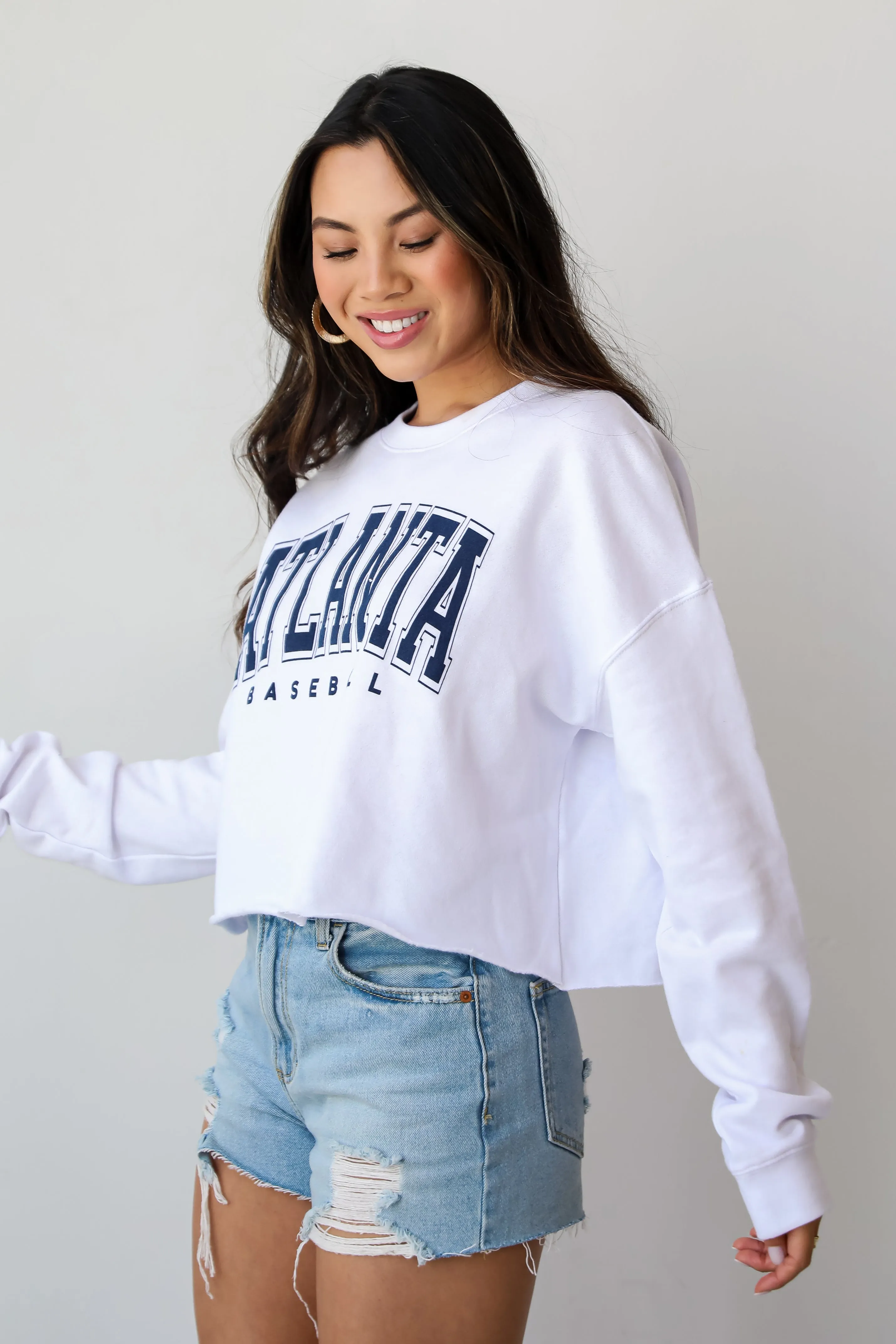 White Atlanta Baseball Cropped Sweatshirt