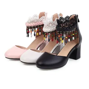 Women's Ethnic Tassel Lace Block Chunky Heel Sandals