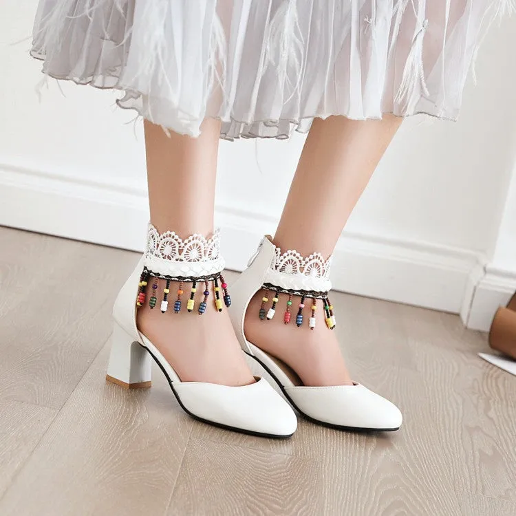 Women's Ethnic Tassel Lace Block Chunky Heel Sandals