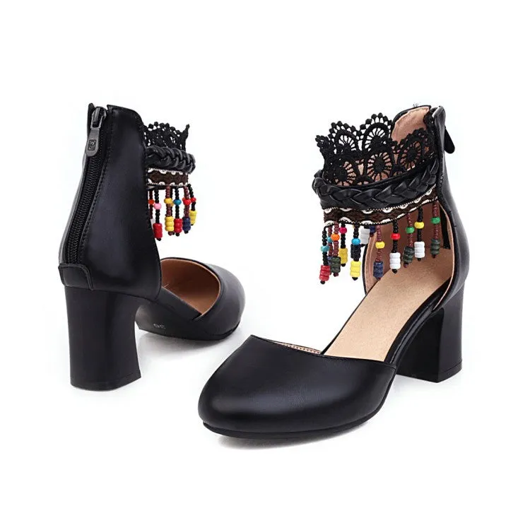 Women's Ethnic Tassel Lace Block Chunky Heel Sandals