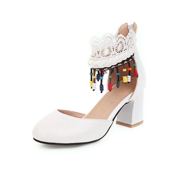 Women's Ethnic Tassel Lace Block Chunky Heel Sandals