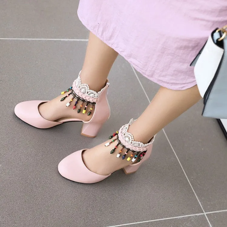 Women's Ethnic Tassel Lace Block Chunky Heel Sandals