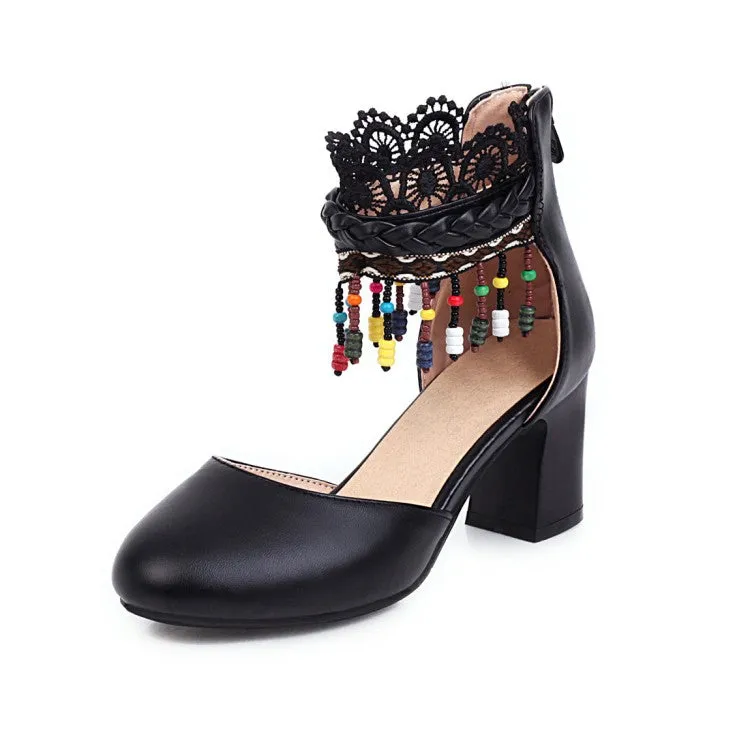 Women's Ethnic Tassel Lace Block Chunky Heel Sandals