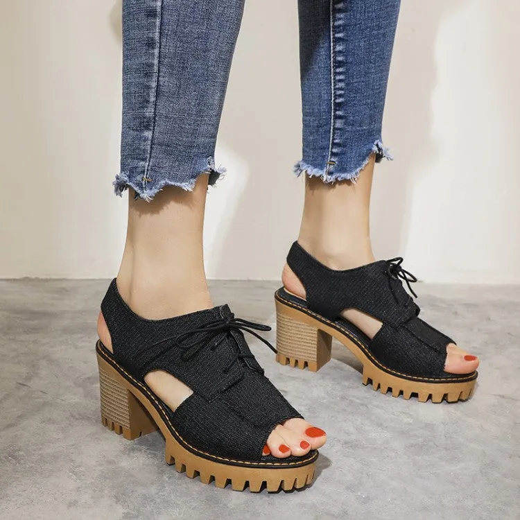 Women's's Denim Hollow Out Chunky Heel Platform Sandals