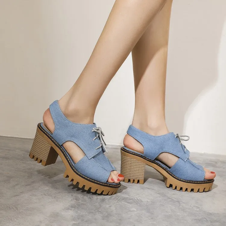 Women's's Denim Hollow Out Chunky Heel Platform Sandals