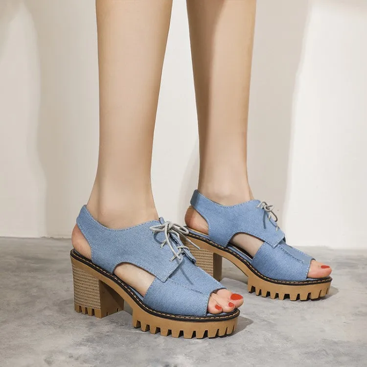 Women's's Denim Hollow Out Chunky Heel Platform Sandals