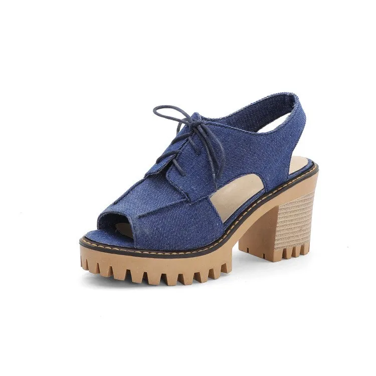 Women's's Denim Hollow Out Chunky Heel Platform Sandals