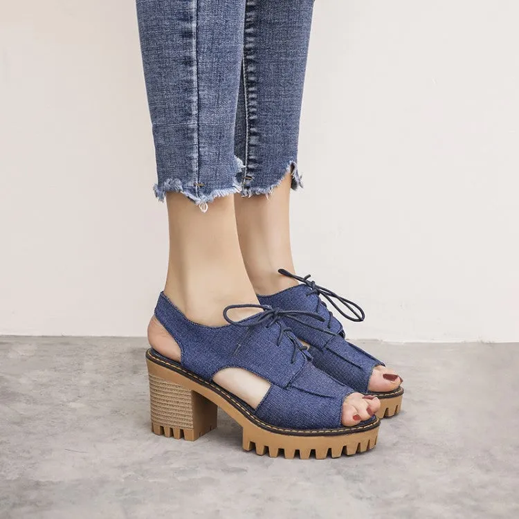 Women's's Denim Hollow Out Chunky Heel Platform Sandals